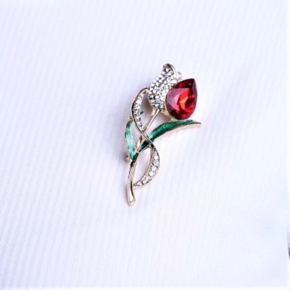 Red Tulip Rhinestone Brooch New